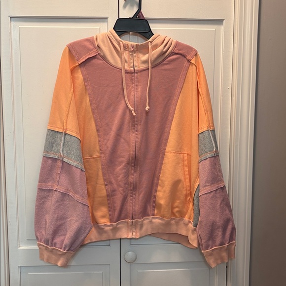 ✨ DOUBLE TAKE ✨ Baggy Fit Colorblock Zip Up Hoodie Peach Gray Pink Size Medium - Picture 3 of 14